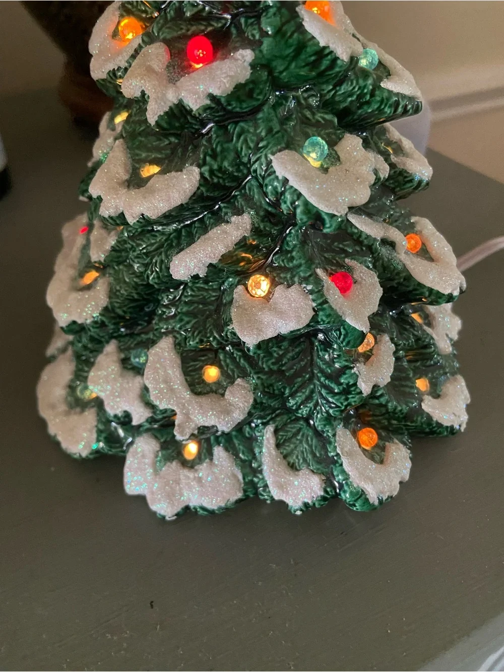Vintage Hand Painted Flocked Ceramic Christmas Tree- 7 inches